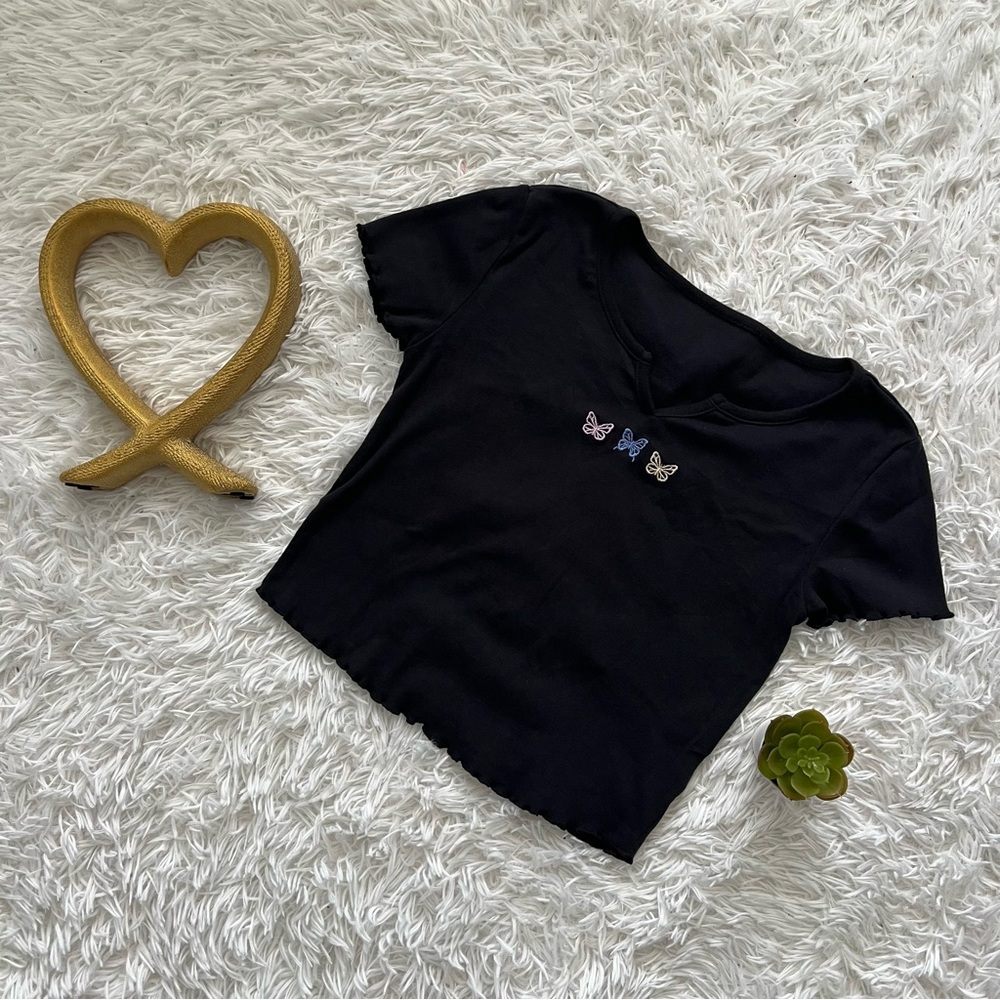 Black Crop Top with Butterfly Embroidery
